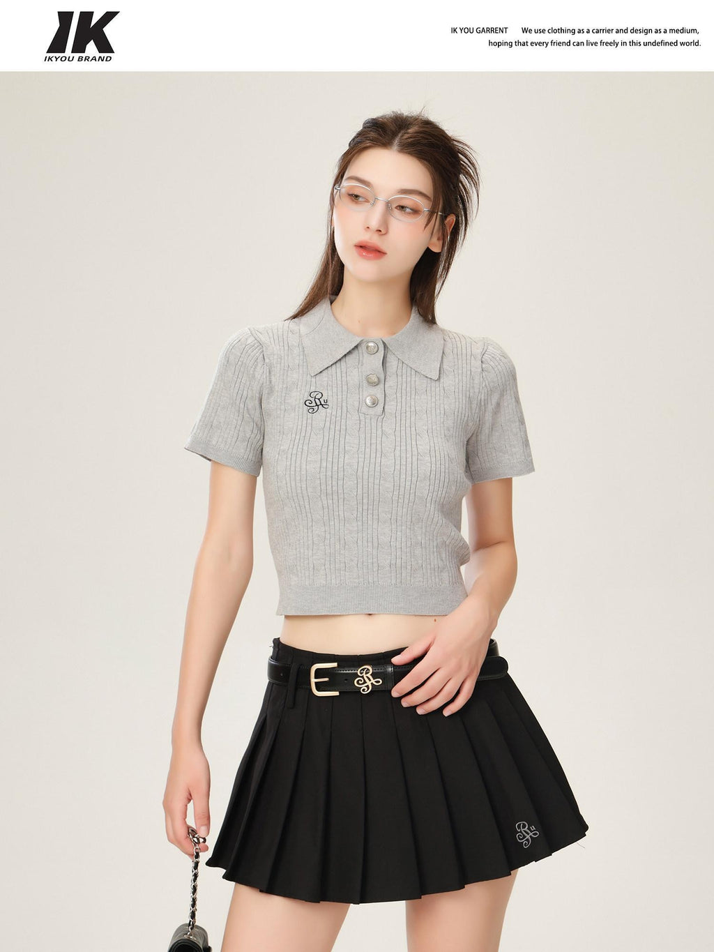 ikyou 3D Embellishment Slim Fit Henley Neck Women Solid Grey Knit Basic Crop Tops