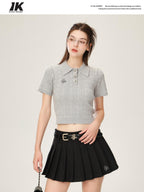 ikyou 3D Embellishment Slim Fit Henley Neck Women Solid Grey Knit Basic Crop Tops