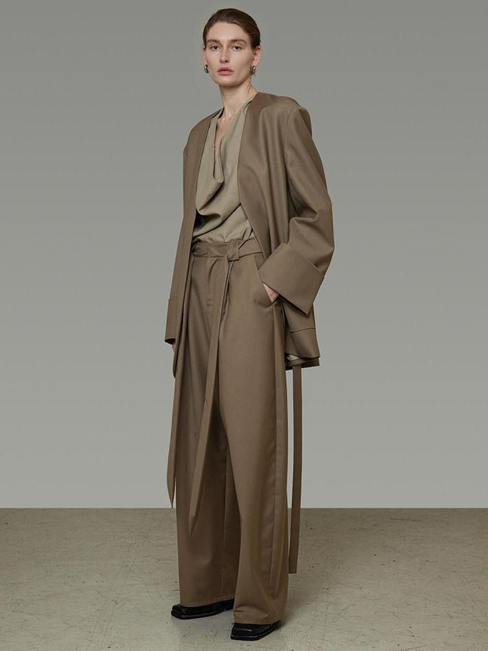 unspoken Minimal Slim Tailored Blazer High Waist Long Pants Women Brown Top & Pants Sets