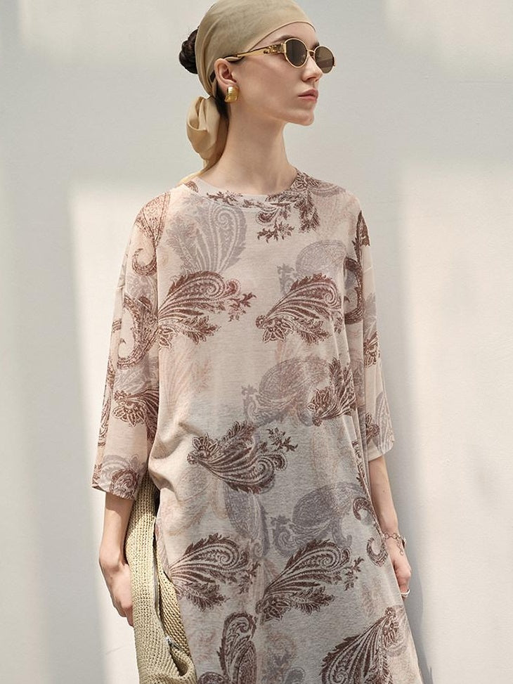 audreyyang Light Commuter Loose Paisley Print Round Neck Women Long Sleeve T-Shirts