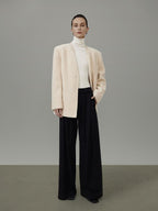 unspoken Cream Wool Blend Commuter Loose Fit V-neck Single Button Women Wool Coats