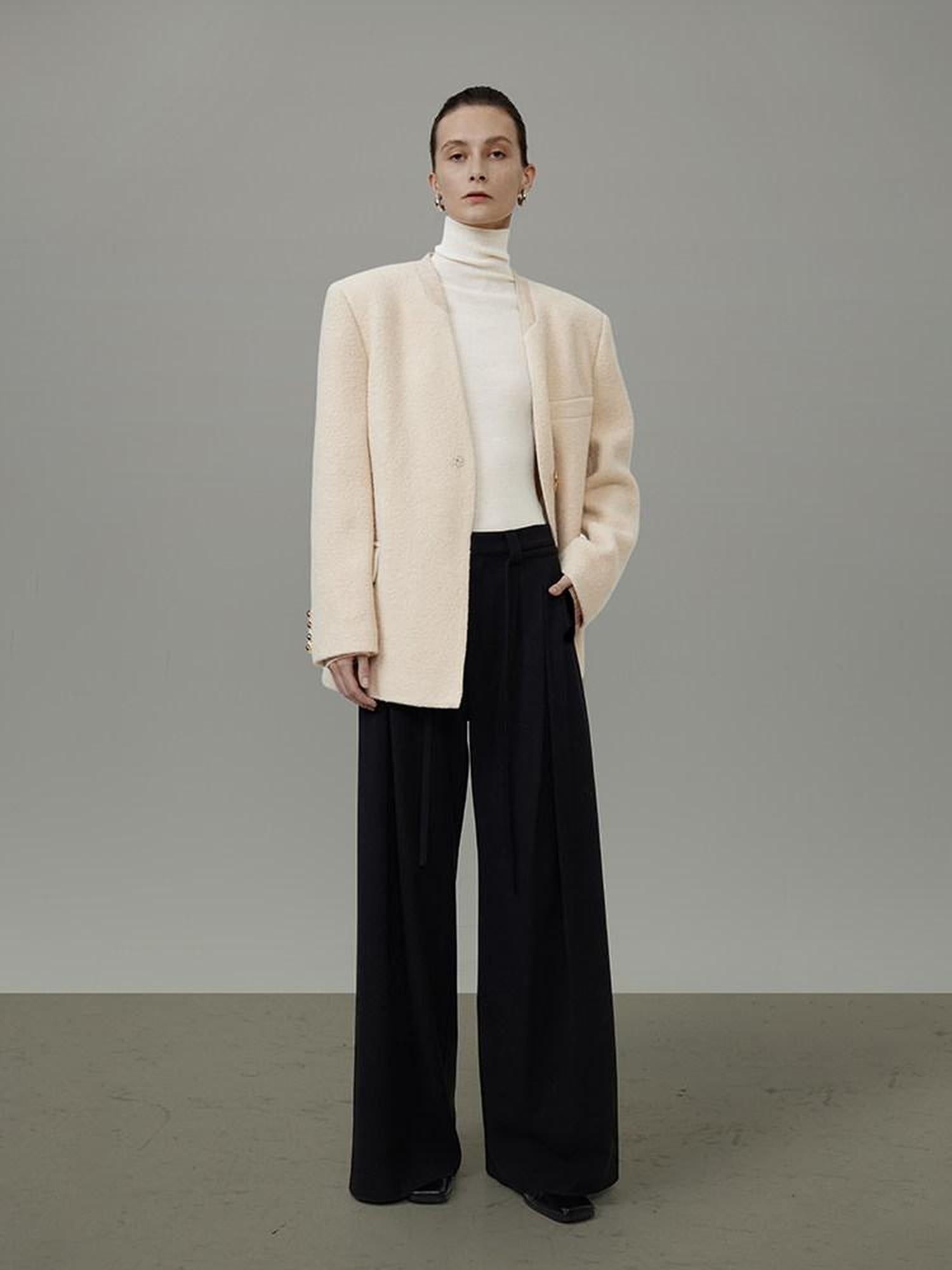 unspoken Cream Wool Blend Commuter Loose Fit V-neck Single Button Women Wool Coats