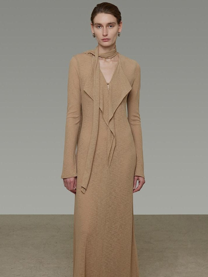 unspoken Breathable High Waist Sash V-neck Aline Longsleeve Office Polyester Maxi Dresses