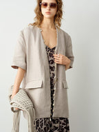 audreyyang Pure Linen Relaxed Short Sleeve Solid Casual Women Lightweight Top & Shorts Sets