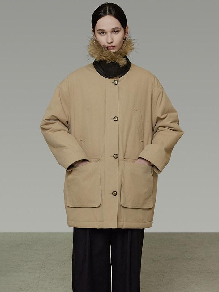 unspoken Thick Cotton Oversized Midlength Single Breasted Khaki Puffer Jackets
