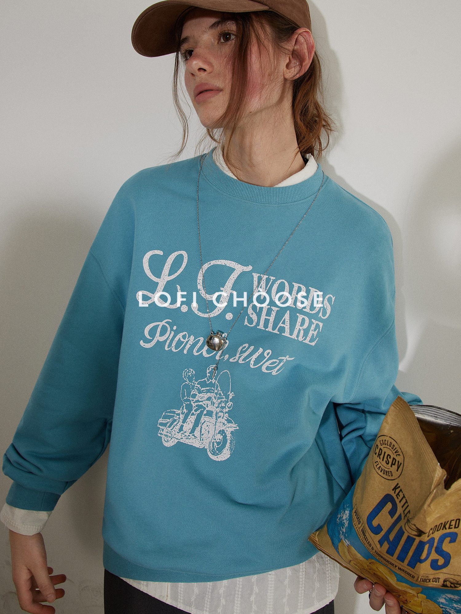 Lofi choose Cozy Oversized Crewneck Long Sleeve Commuter Blue Khaki Sweatshirt