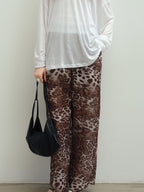 audreyyang Leopard Print Minimal Elastic Waist Natural Rise Commuter Women Wide Leg Pants