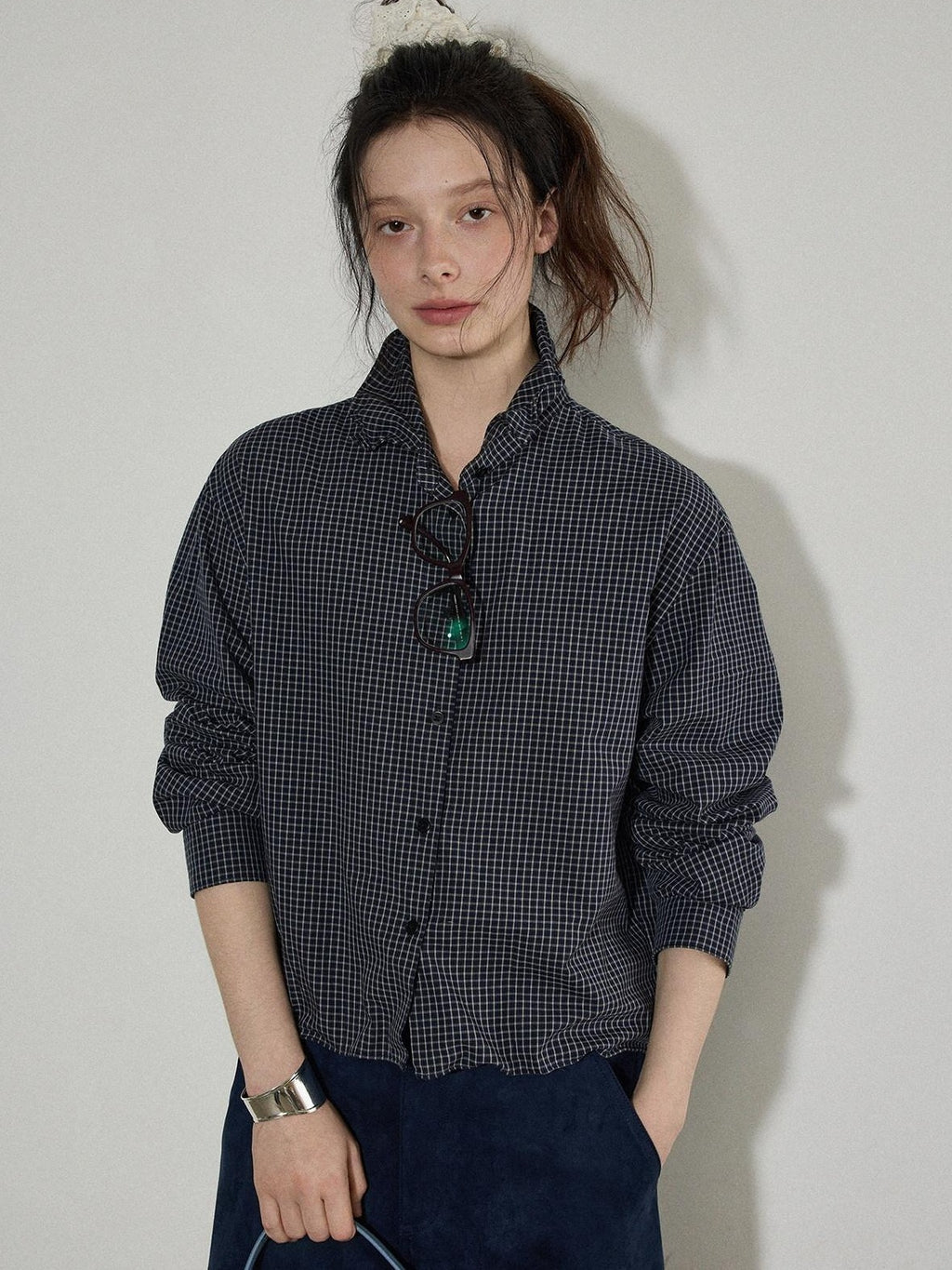 Lofi choose Pure Cotton Loose Fit Plaid Button Front Turn Down Collar Office Women Blouses