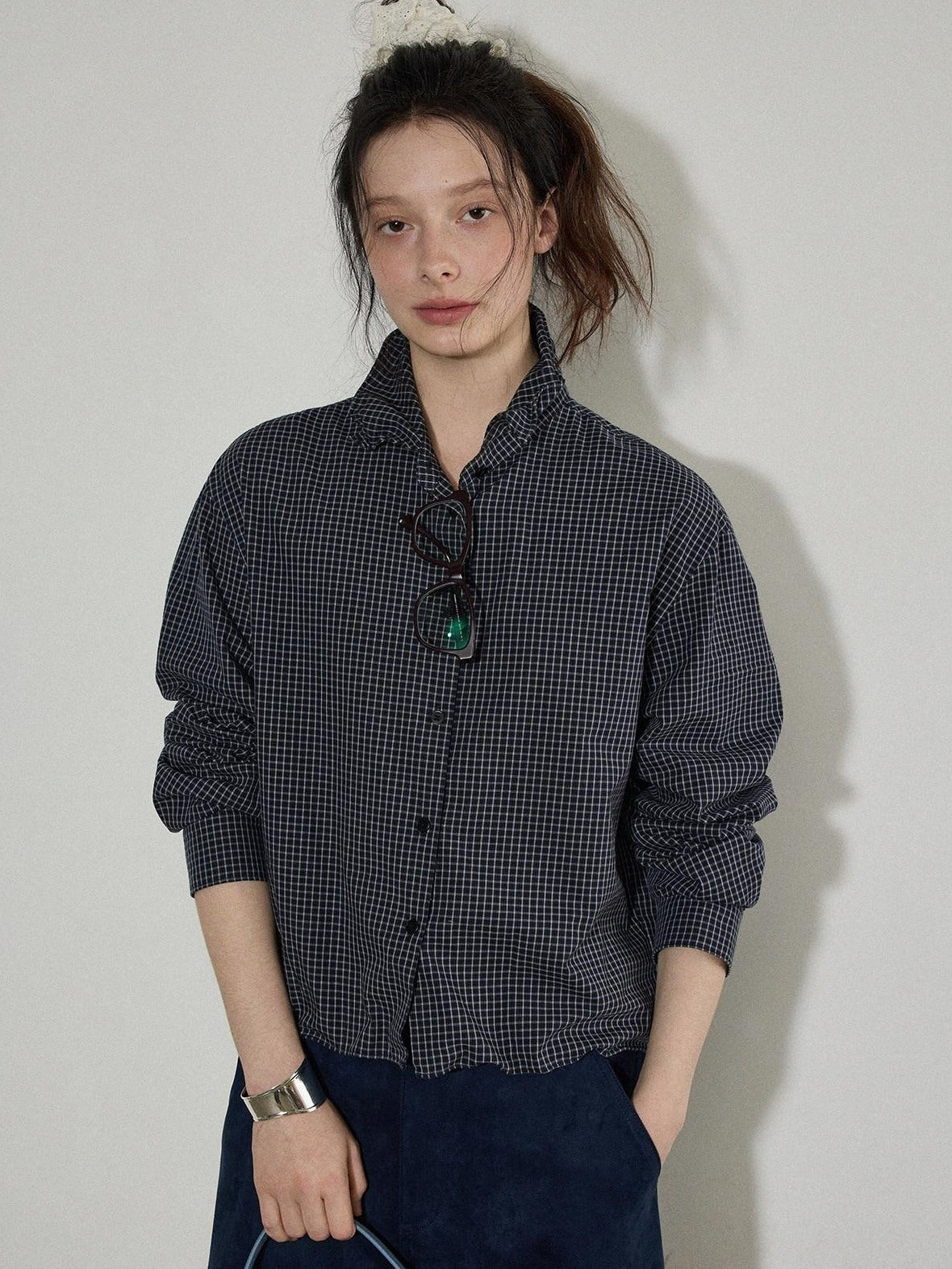 Lofi choose Pure Cotton Loose Fit Plaid Button Front Turn Down Collar Office Women Blouses