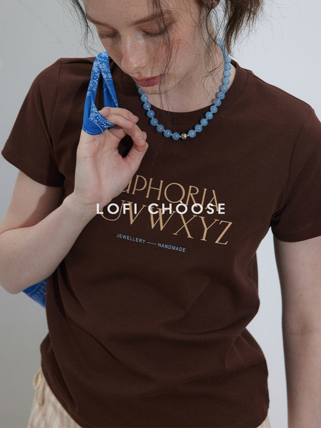 Lofi choose Printed Crew Neck Loose Fit Commuter Women Light Blue Short Sleeve T-Shirts