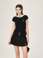 ikyou Cotton Stretch Slim Polka Dot Ruffle Women Short Sleeve Buttoned Knit Cardigans