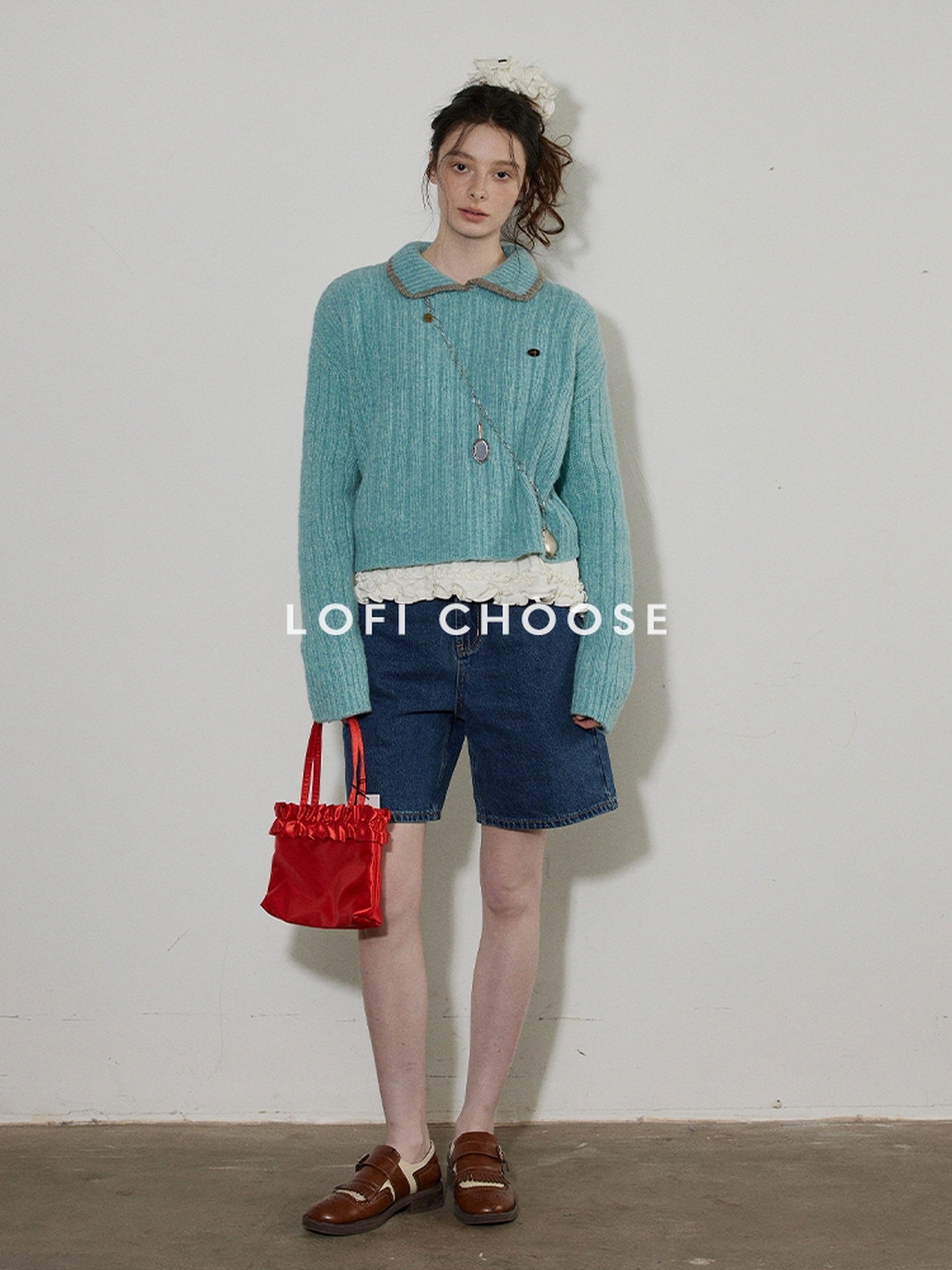 Lofi choose Comfortable Relaxed Fit Office Pullover Long Sleeve Knit Blue Green Sweaters