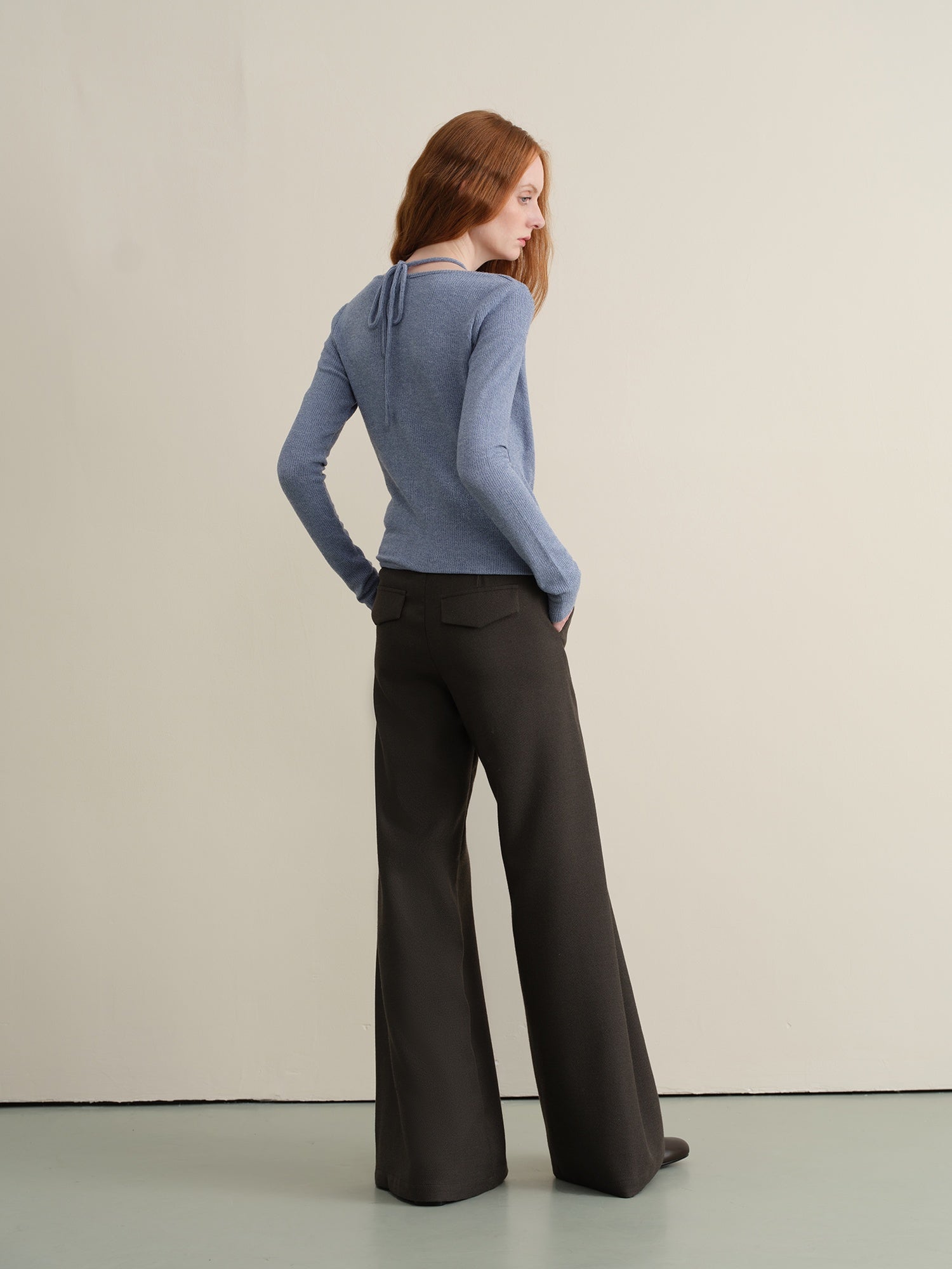 Stretch Knit Olive Gray Micro Flare Casual High Waist Women Flared Pants