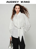 audreyyang Shape Retaining Casual Relaxed Tie Drop Shoulder Women Cotton Blend Shirts