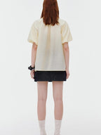 fano Yellow Tie Front Viscose Linen Blend Relaxed Korean Short Sleeve Women Blouses