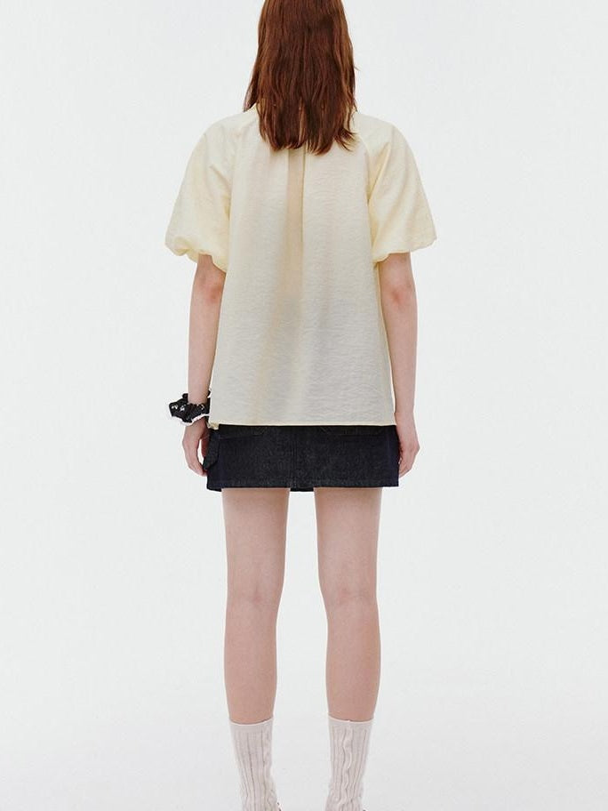 fano Yellow Tie Front Viscose Linen Blend Relaxed Korean Short Sleeve Women Blouses