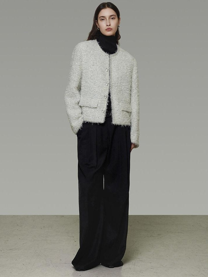 unspoken Lambswool Minimal Commuter Loose Single Button Round Neck Women Cropped Jackets