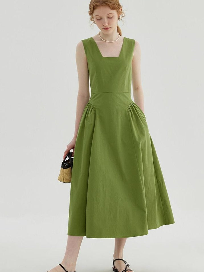 fano Cotton High Waist Pleated Minimal A Line Square Neck Women Maxi Dresses