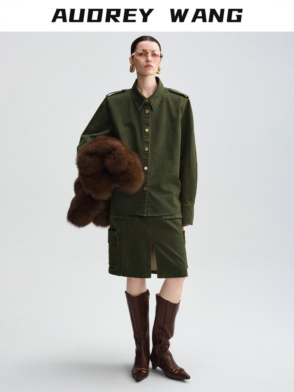 audreyyang Thick Cotton Cinched Waist Vintage Long Sleeve Army Green Top & Skirt Sets