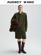 audreyyang Thick Cotton Cinched Waist Vintage Long Sleeve Army Green Top & Skirt Sets