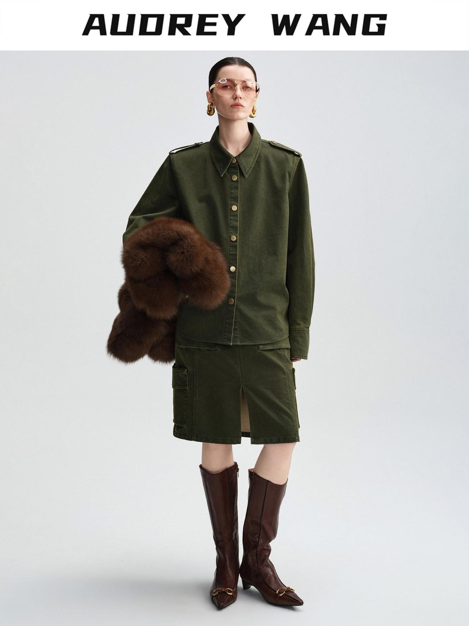 audreyyang Thick Cotton Cinched Waist Vintage Long Sleeve Army Green Top & Skirt Sets