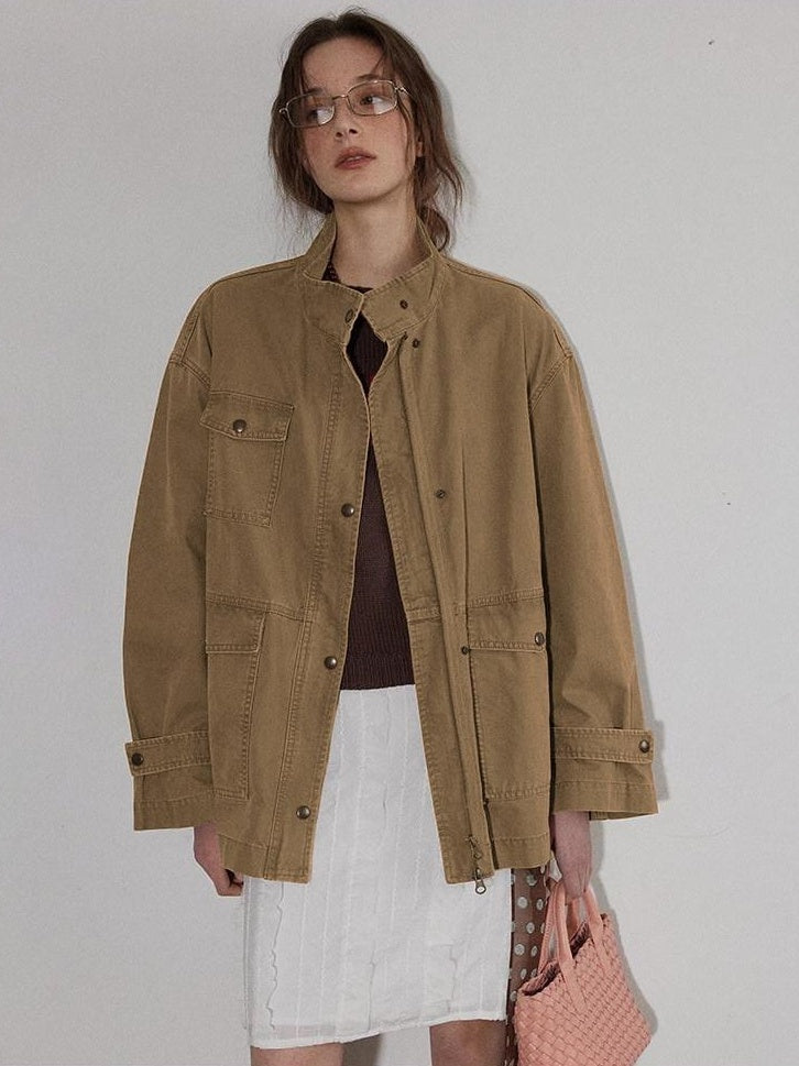 Lofi choose Airy Loose Fit Commuter Lapel Button Longsleeve Solid Khaki Cropped Jackets