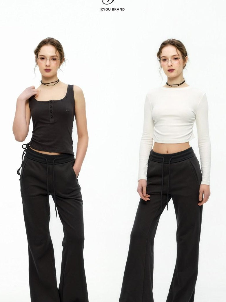 ikyou Minimal Commuter Drawstring Natural Waist Cotton Blend Wrinkle Free Flared Pants