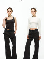 ikyou Minimal Commuter Drawstring Natural Waist Cotton Blend Wrinkle Free Flared Pants