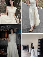 unspoken High Waist Colorblock V-neck Sleeveless Workwear A Line Cotton Maxi Dresses