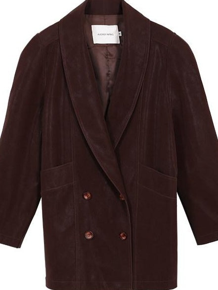 audreyyang Distressed Washed Pu Relaxed Midlength Blazer Collar Vintage Red Leather Jackets
