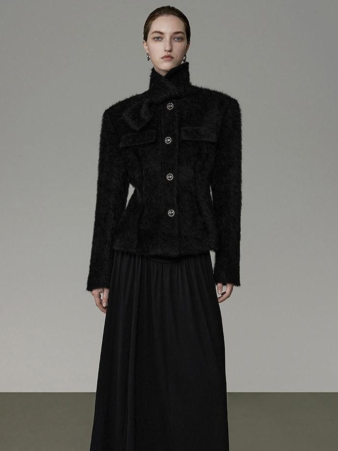 unspoken Slimming French Slim Fit Waist Cinch Stand Collar Black Nylon Women Short Coat