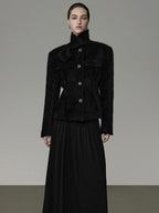 unspoken Slimming French Slim Fit Waist Cinch Stand Collar Black Nylon Women Short Coat