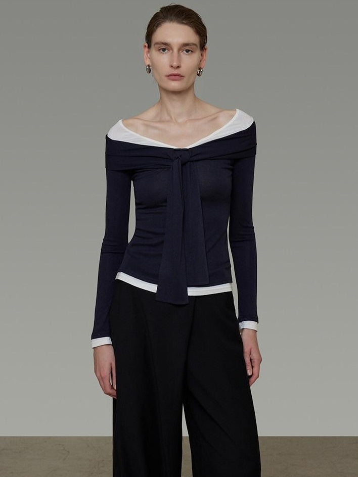 unspoken Slim Colorblock One Shoulder V-neck Casual Knitted Pullover Women Blouses