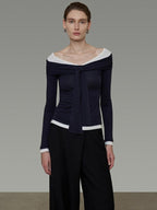unspoken Slim Colorblock One Shoulder V-neck Casual Knitted Pullover Women Blouses