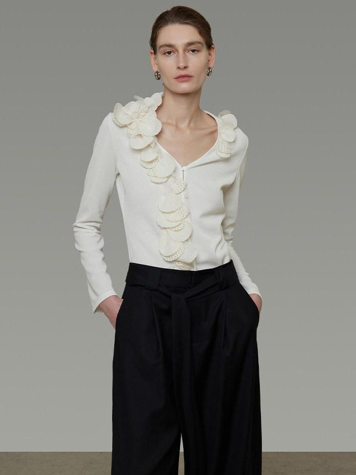 unspoken V-neck 3D Detail Slim Fit Office Women Breathable White Blouses