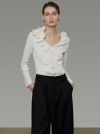 unspoken V-neck 3D Detail Slim Fit Office Women Breathable White Blouses