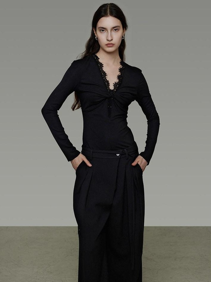 unspoken Breathable Lyocell Lace Slim Fit V-neck Long Sleeve Women Black Blouses