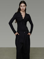 unspoken Breathable Lyocell Lace Slim Fit V-neck Long Sleeve Women Black Blouses