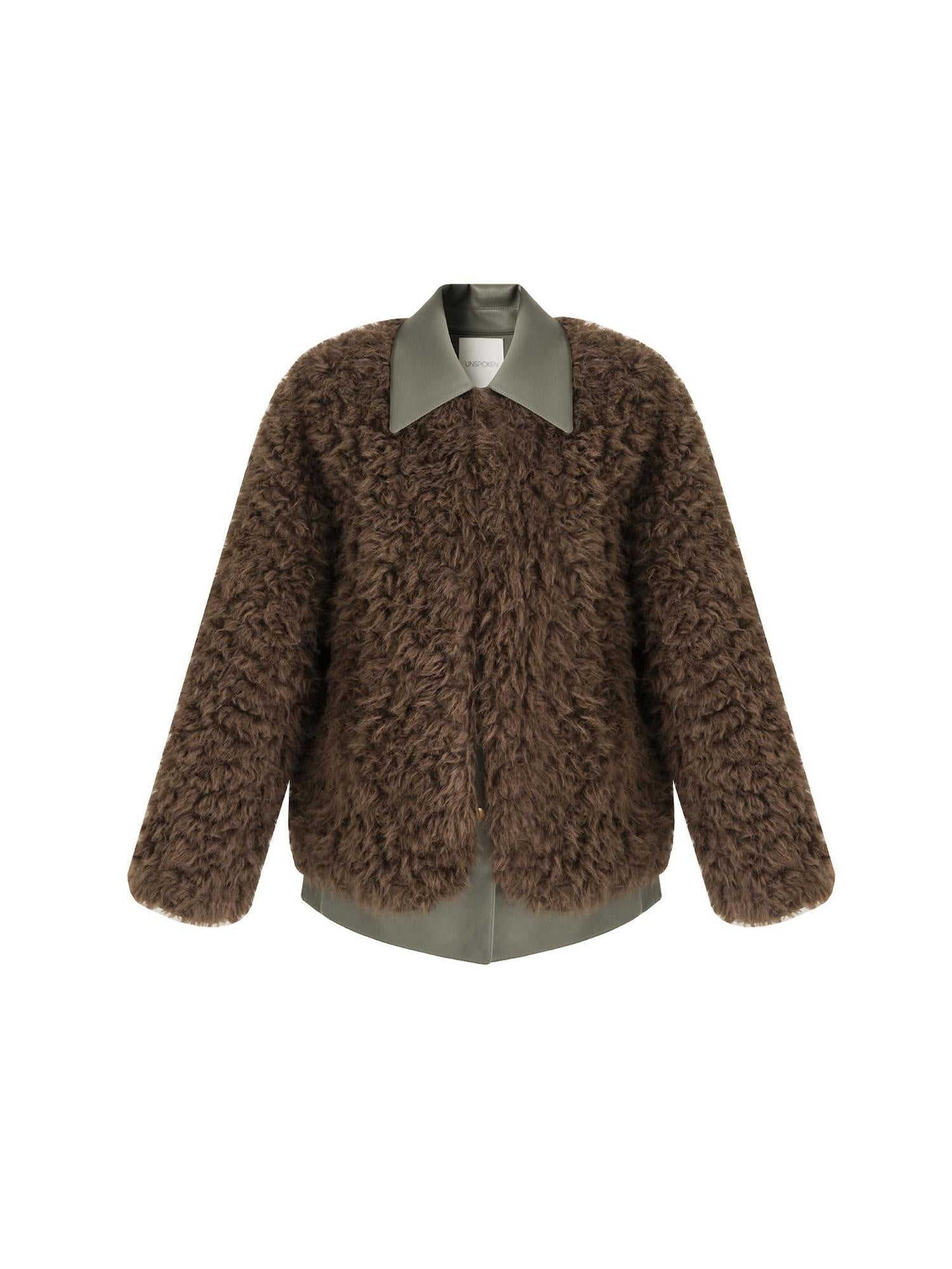 unspoken Warm Patchwork Lapel Loose Fit Minimalist Women Chestnut Short Coat