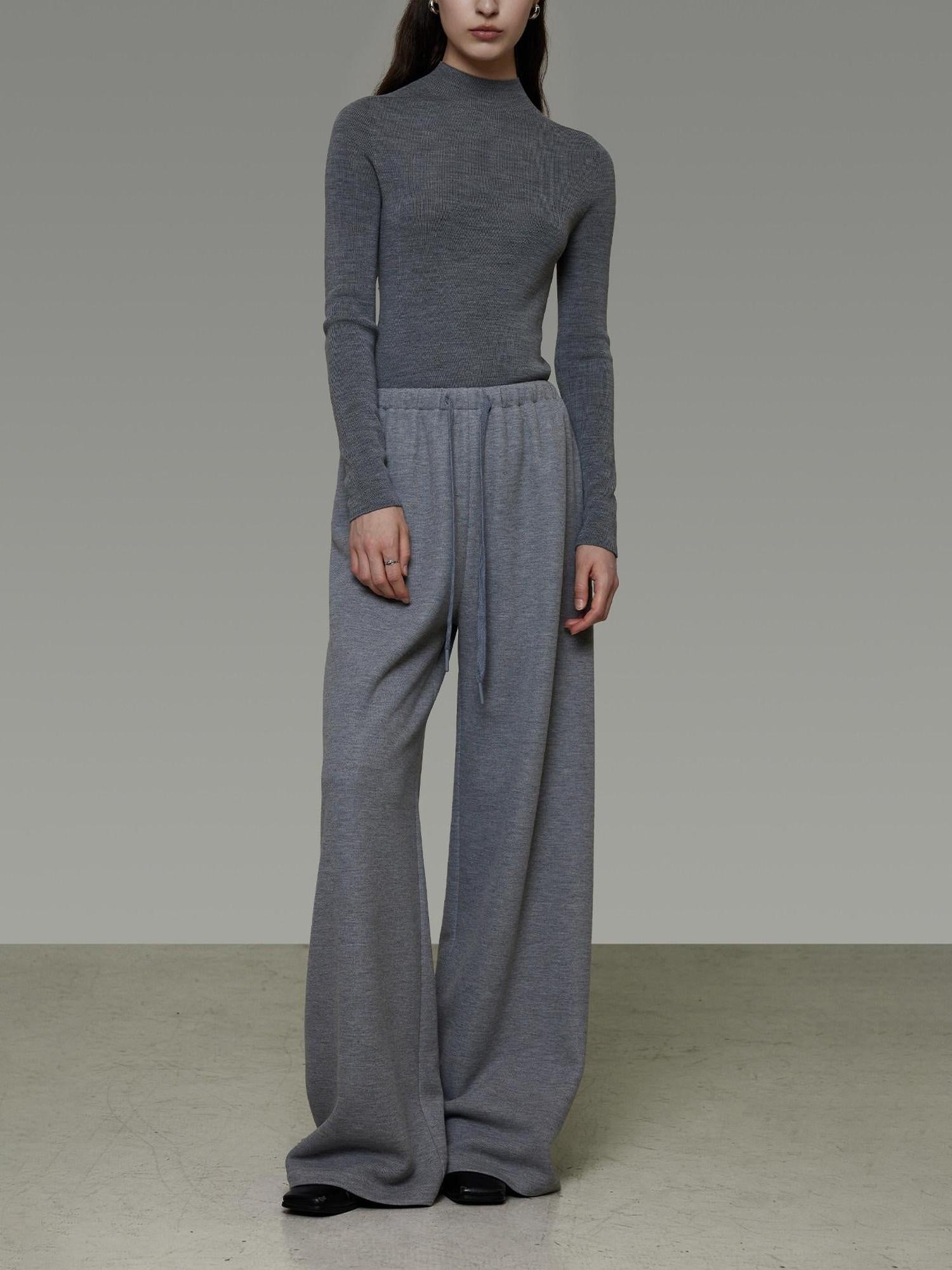 unspoken Breathable High Rise Tie Waist Office Solid Light Gray Poly Blend Wide Leg Pants