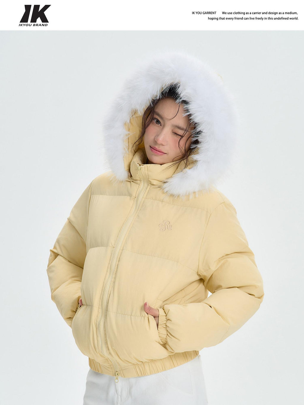 ikyou Thick Embroidered Detachable Hood Straight Fit Commuter Polyester Puffer Jackets