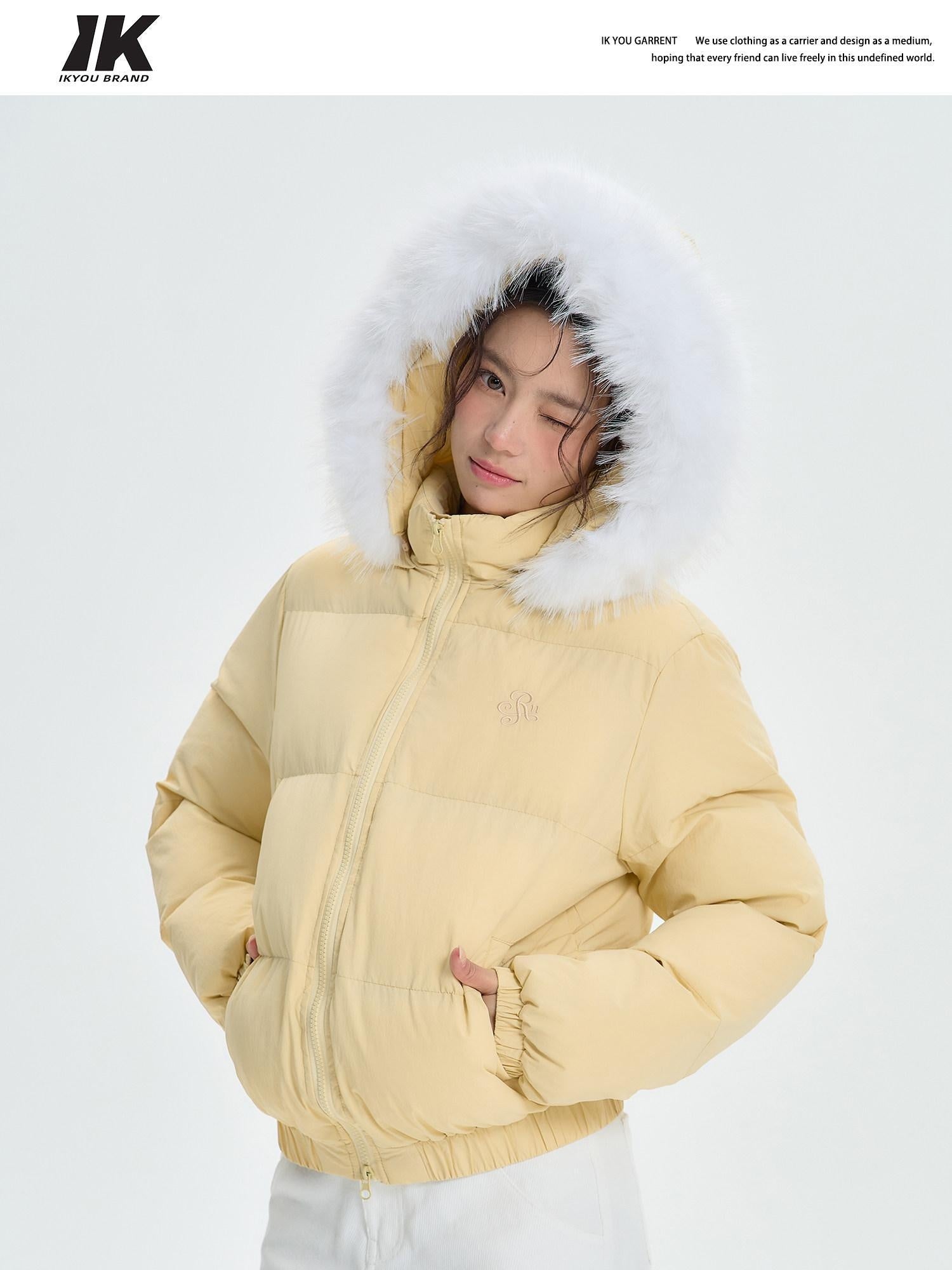 ikyou Thick Embroidered Detachable Hood Straight Fit Commuter Polyester Puffer Jackets