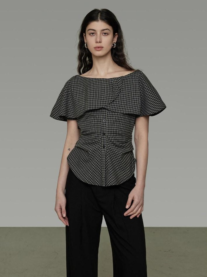 unspoken Breathable Minimal Loose Ruffle Boatneck Women Plaid Button Short Sleeve Blouses