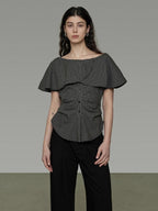 unspoken Breathable Minimal Loose Ruffle Boatneck Women Plaid Button Short Sleeve Blouses