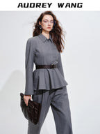 audreyyang Shape Retaining Cinched Waist Herringbone Lapel Women Wool Blend Cropped Jackets