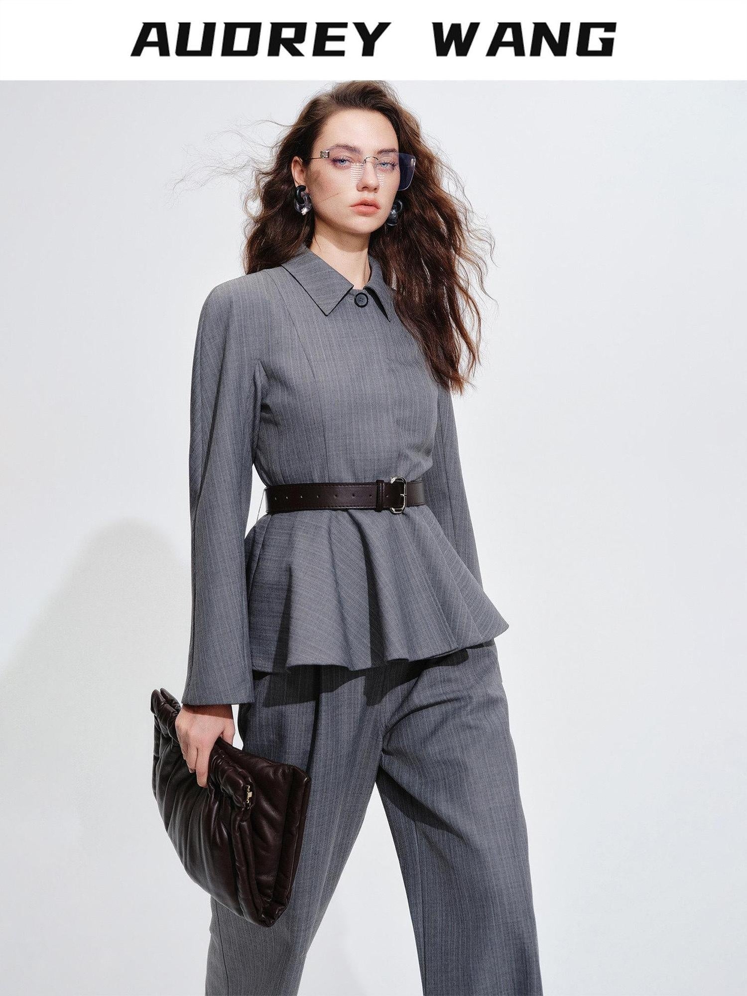 audreyyang Shape Retaining Cinched Waist Herringbone Lapel Women Wool Blend Cropped Jackets