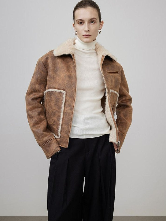 unspoken Faux Fur Lined Oversized Zip Pocket Barn Style Women Khaki Leather Jackets