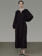 unspoken Cotton Loose Waist Minimalist V-neck Long Sleeve Casual Black Maxi Dresses