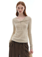 someonesometimes Soft Stretch V-neck Cutout Slim Fit Knit For Women Apricot Long Sleeve T-Shirts