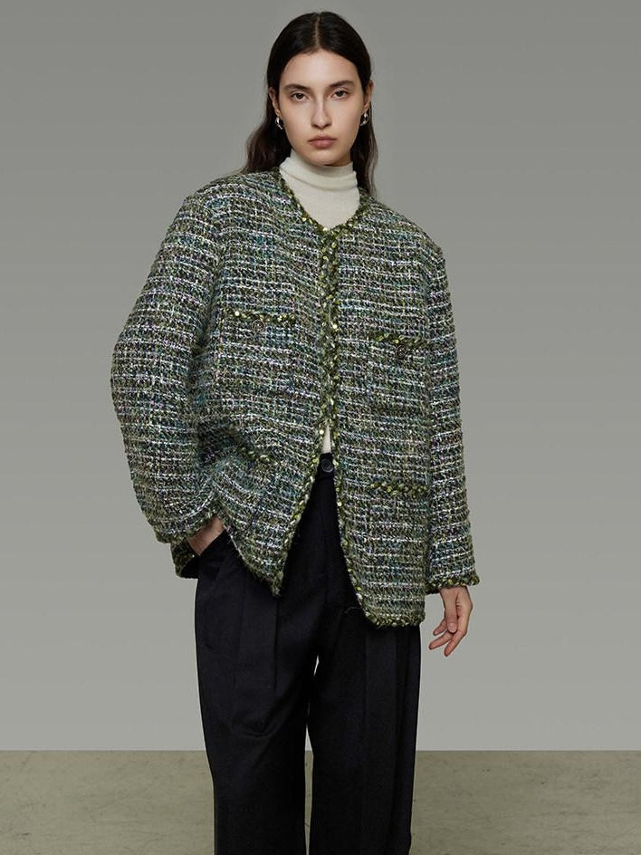 unspoken Lambswool Blend Structured Commuter Round Neck Relaxed Green Wool Coats